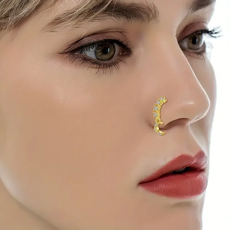 1pc/Set 18K Gold Plated Dangle Nose Ring Inlaid Shiny Zircon Butterfly Heart Cross 20G Cartilage Earring Dangling Nose Piercings