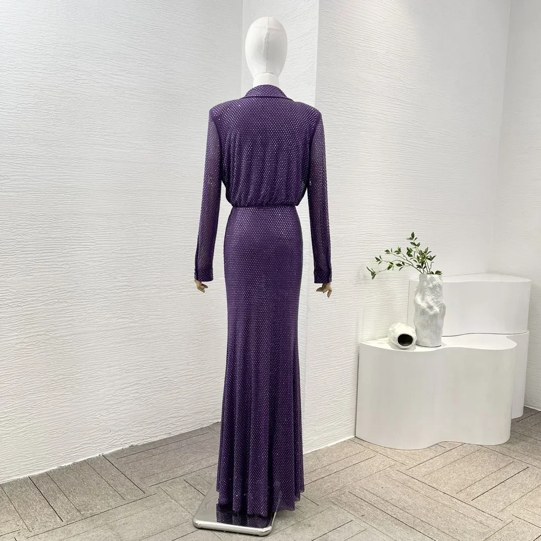 Latest Diamonds Violet Long Mermaid Dress Full Sleeve V-neck Elegant Luxury Women Clothing for Birthday Evening Party