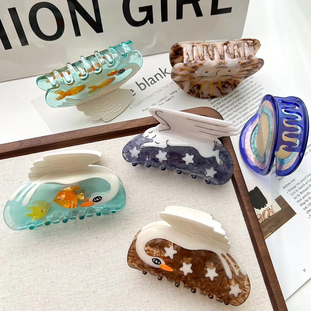 1Pcs New Acetate Vintage Cute Sun Duckbill Clip Cloud Swan Fish Star Hairpins Hair Claw Women Barrettes