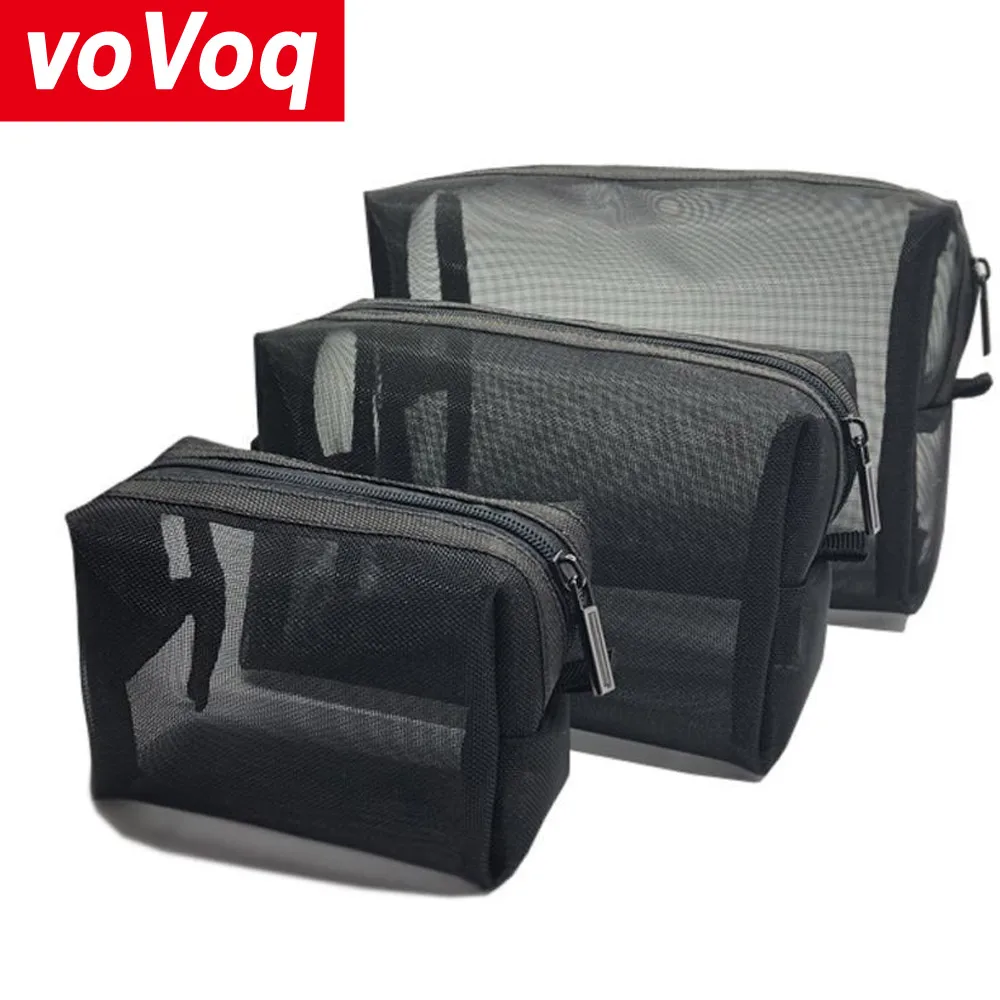 Black Minimalist Transparent Nylon Mesh Makeup Bag Multifunctional Mesh Travel Storage Bag Hollow Zipper Portable Bag