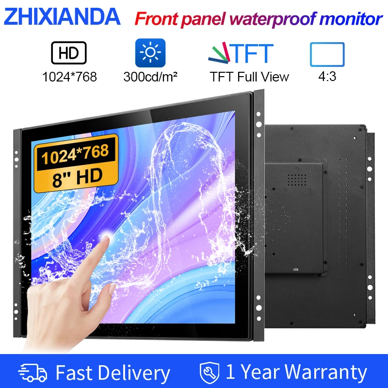 

8 Inch 1024x768 Flat True Front Panel Waterproof Open Frame Industrial Capacitive Multi Touch Lcd Monitor with VGA HDMI USB AV