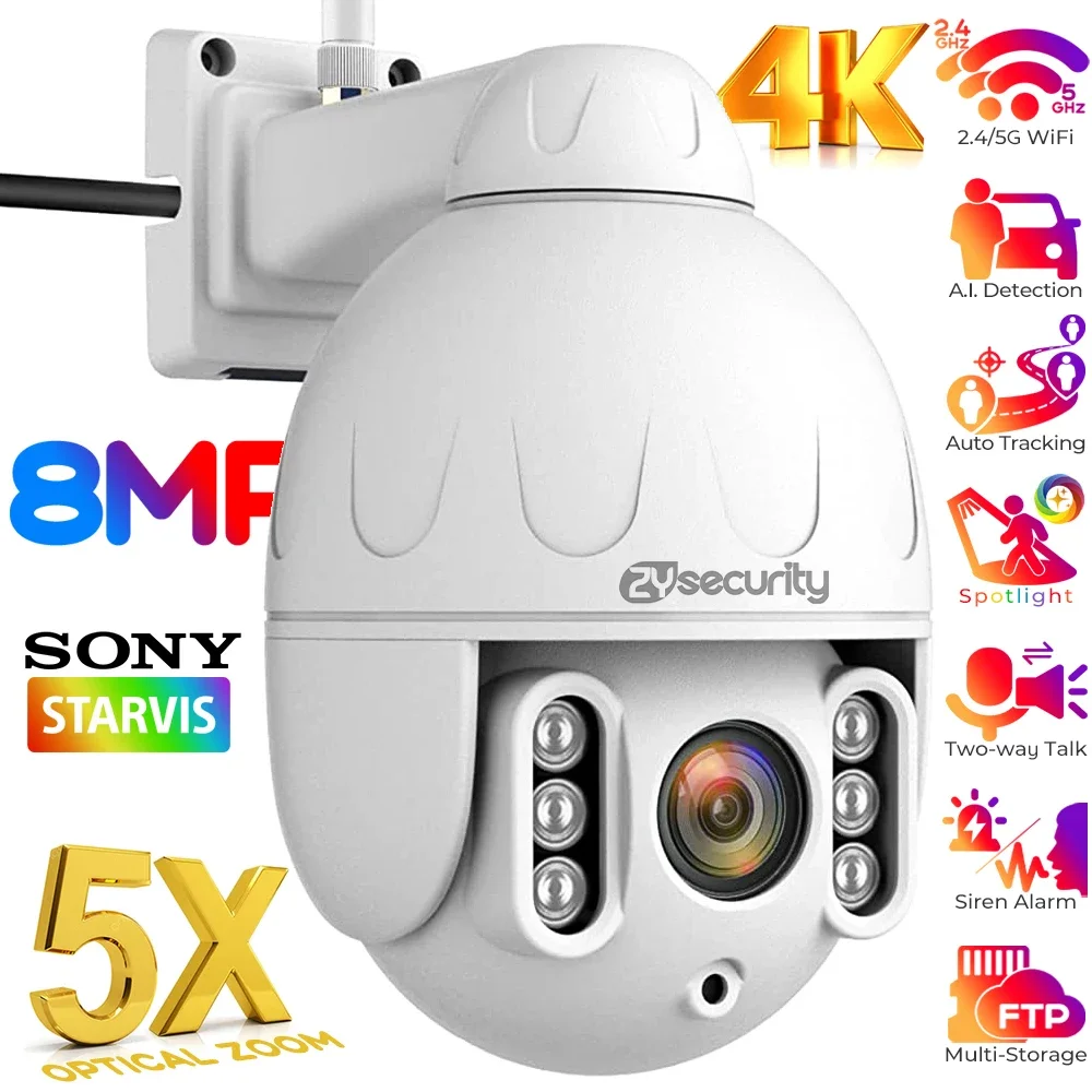 Kamera PTZ 8MP 4K WiFi 5-krotny zoom optyczny Zewnętrzna kamera 4K Sony IMX415 Automatyczne śledzenie Kamera IP Kolor Noktowizor Audio Nadzór CCTV