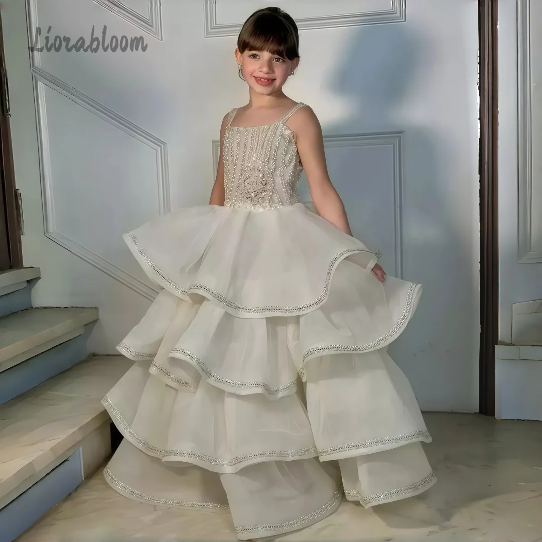 Abito da damigella in tulle per bambina, gonna ampia, elegante abito formale per matrimoni e feste, vestito da sposa