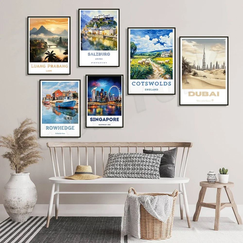 Greece, Dubai, Colchester, Johannesburg, Luang Prabang, Laos, Salzburg, Tokyo Shibuya Crossing, Singapore, Malibu travel posters