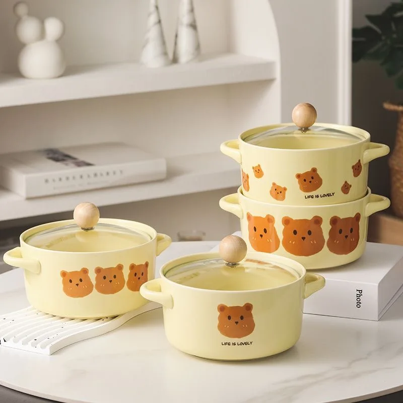 Ins Korean Ceramic Tableware Ramen Bowl with Lid Cute Cartoon Bear Ceramic Soup Bowl Yellow Dormitory Student Salad Noodle Bowl