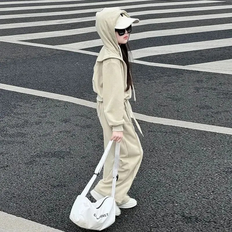 

Girls' autumn outfit fashionable new style children's casual hooded sweatshirt wide leg pants two-piece set