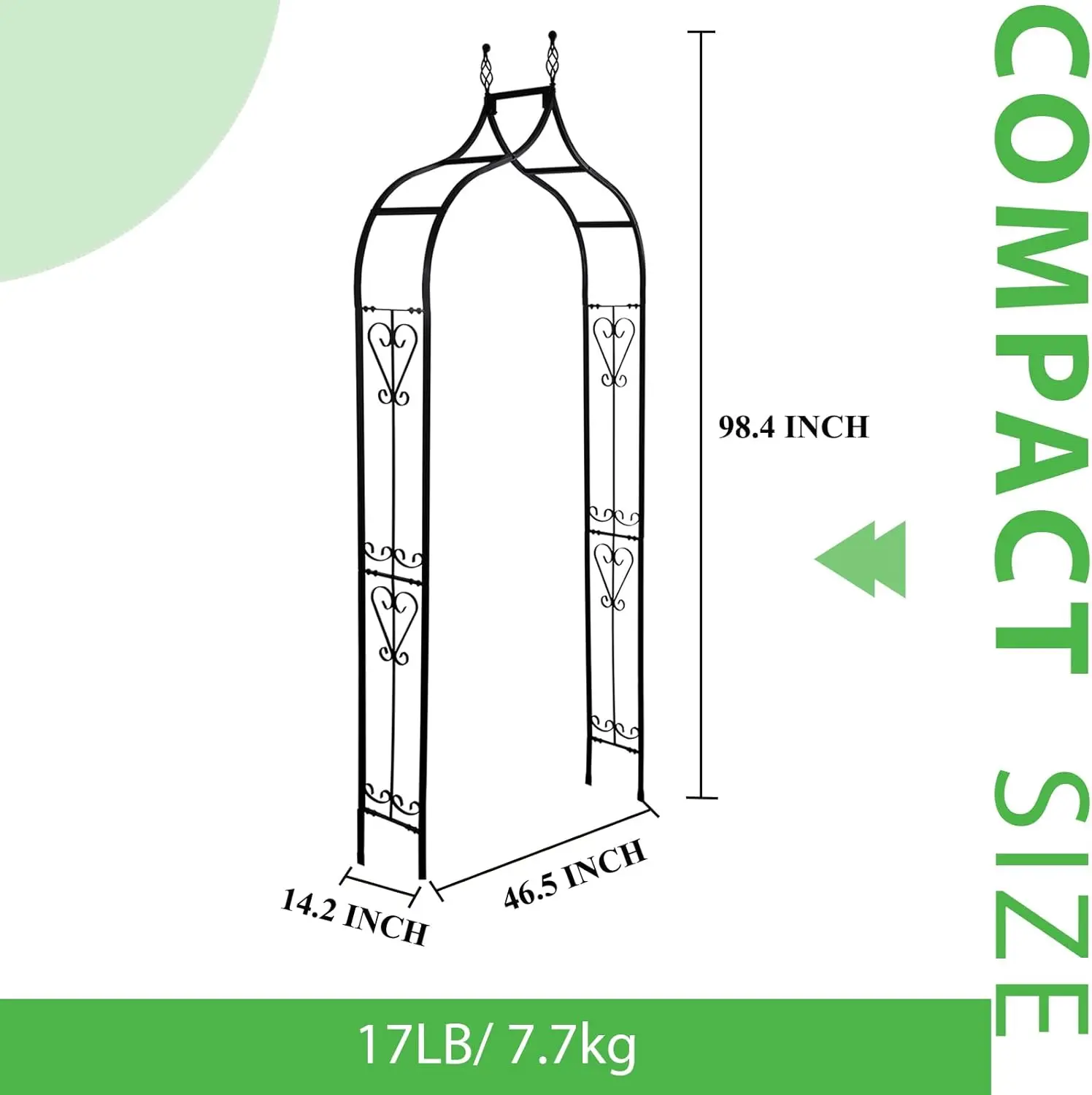 تعريشة قوس الحديقة مقاس 14.2 بوصة طول × 46.5 بوصة عرض × 98.4 بوصة ارتفاع، أربور حديد أسود، تعريشة أربور للفناء لنباتات التسلق المختلفة باللون الوردي والخارجي