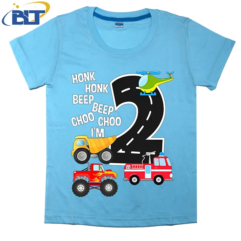 T-shirt à manches courtes en coton pour enfants, camions, fête d'anniversaire, tout-petit, anniversaire d'anniversaire, cadeau pour enfants, 2 ans, été