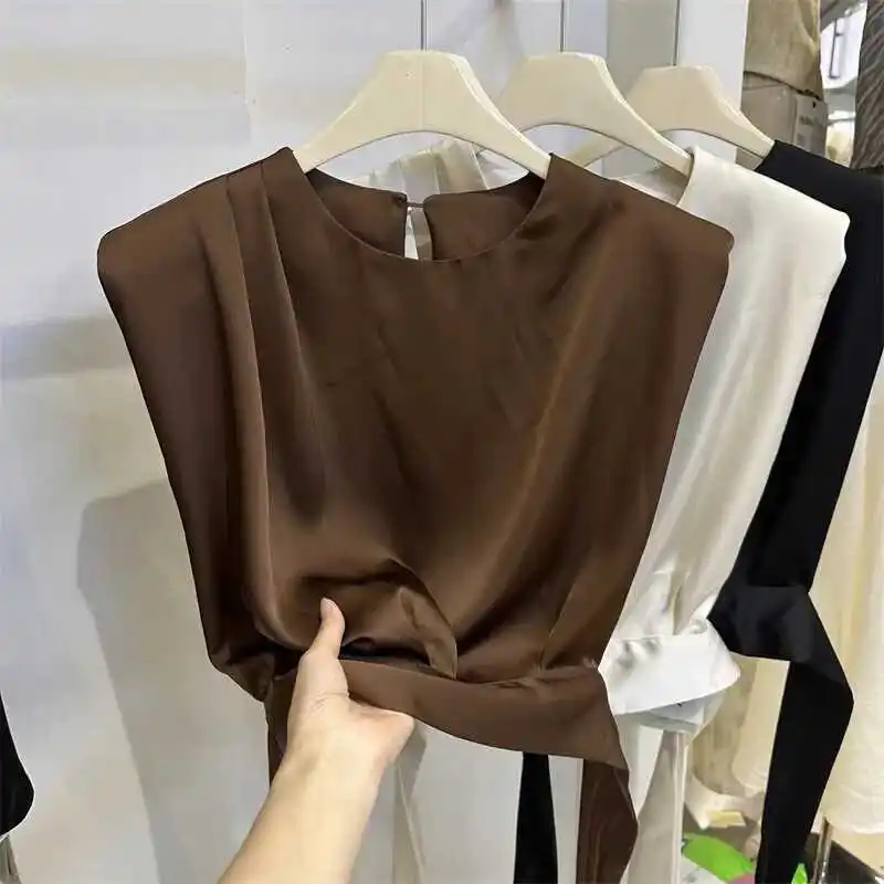 

Summer 2024 Slimming Effectiven oulder Pad irt Women's Svel Knot Ba Design round Ne Polyester Fiber Blouse