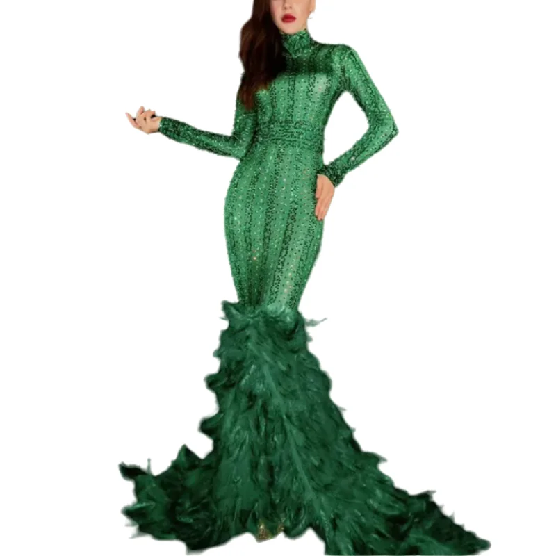 Long Dress Green Stripe Rhinestones Feather Women Prom Evening Party Singer Stage Model Catwalk Long Dress Birthday Dresses