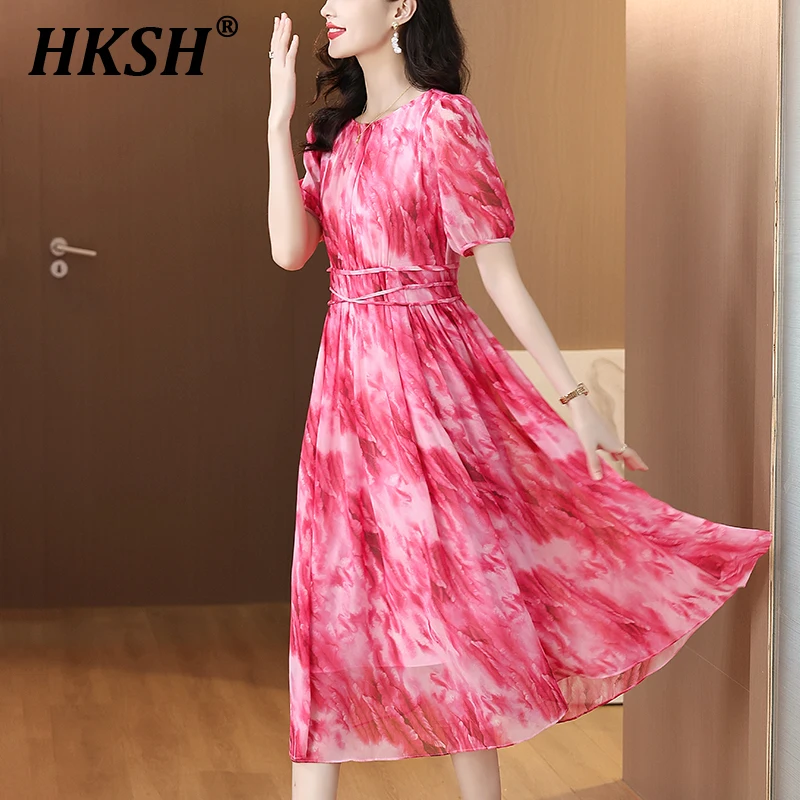 

HKSH Summer New Women's French Fashion Elegant Casual Sweet Tide Printed Pleated Waist Lace Up Slimming Puff Sleeve Dress HK6205