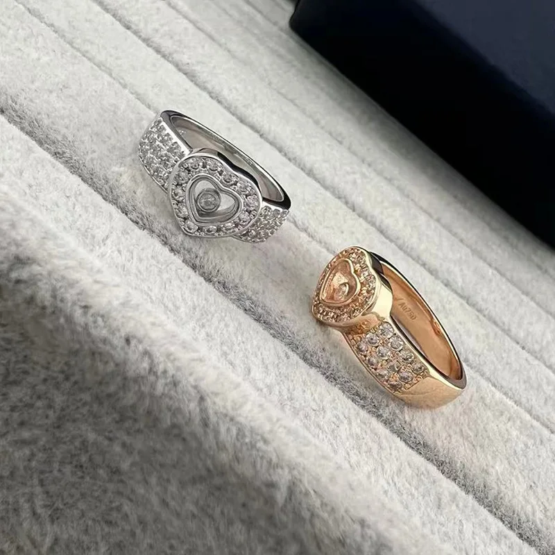 18K Gold Plated 3 Rows Of Drills Move Stone Happy Heart Rings For Women Fine Jewelry