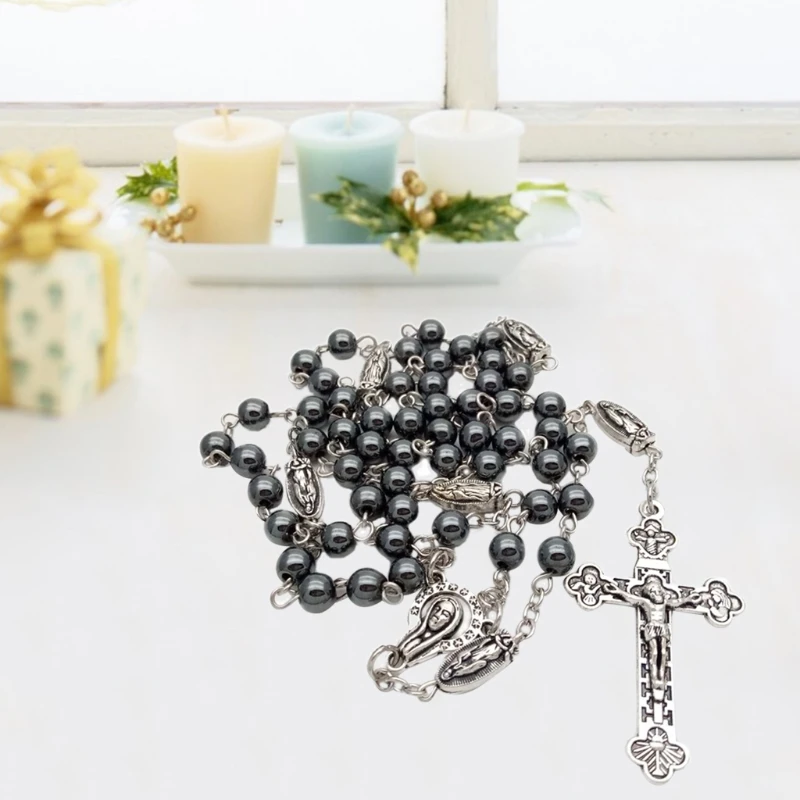 Vintage Religion Rosary Necklace Hematite Stone Round Beads Chain with Jesus for Cross Pendant Necklace Prayer Catholic