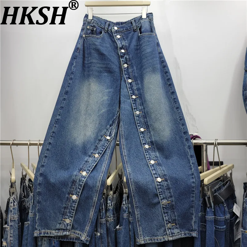 HKSH Women Jeans American Style Vintage Design Double Breasted Elastic Waisted Loose Washed Stylish Wide Leg Denim Pants HK27344