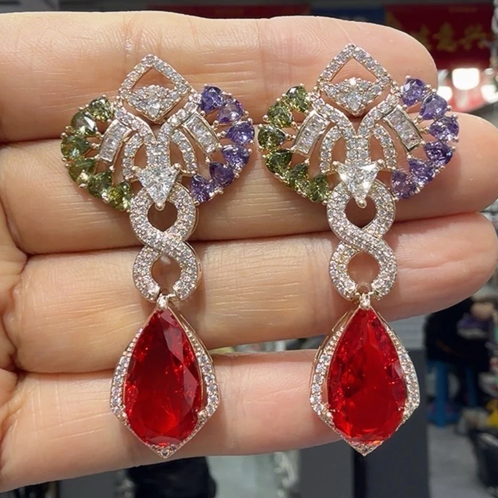 Exquisite Loop Floral Openwork Design Teardrop Zircon Drop Earrings for women Evening Party Statement Jewelry Gift For Women