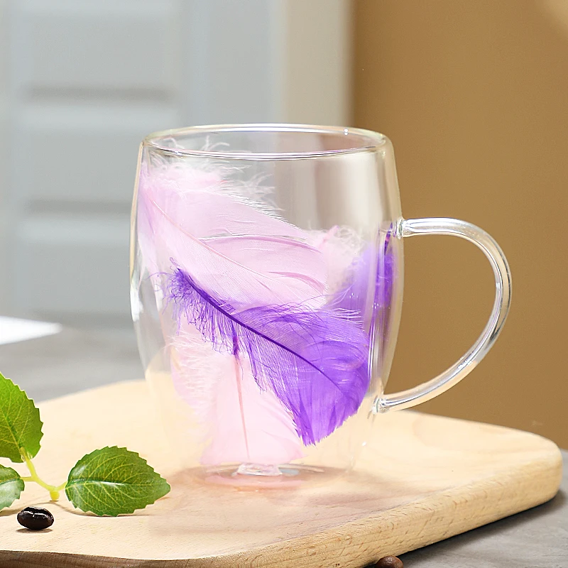 Transparent Feather Double-layer Glass Cup Creative Household Coffee Cup With Handle Heat-resistant And Cold-resistant Glass Cup image 5