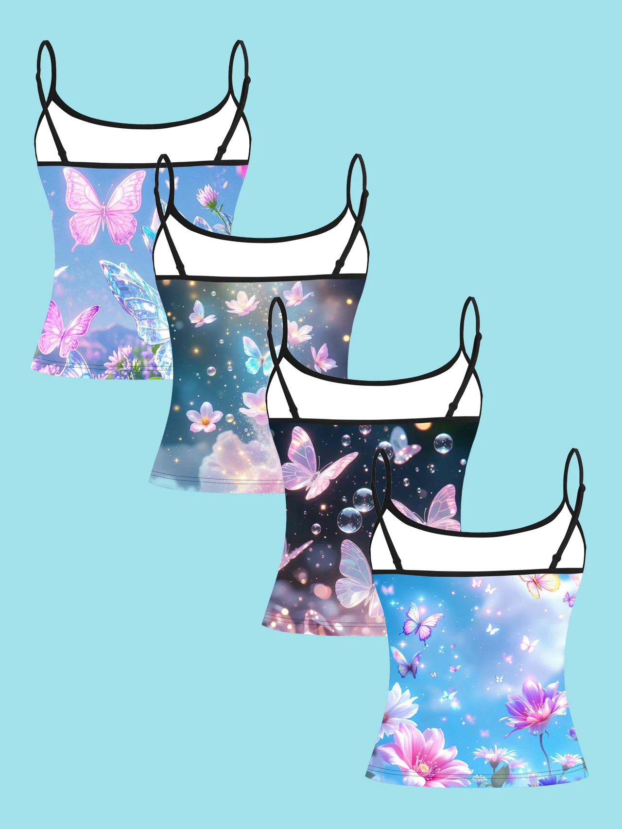 4-Piece Set of Dreamy Crystal Butterfly Floral Starry Sky Print Camisole for Women, Pink and Purple Gradient Fairy-Style Thin Strap Waist-Cinching Slim-Fit Base Top, Suitable for Cross-Border Travel, Vacation Photos, Casual Wear, and Outdoor Activities