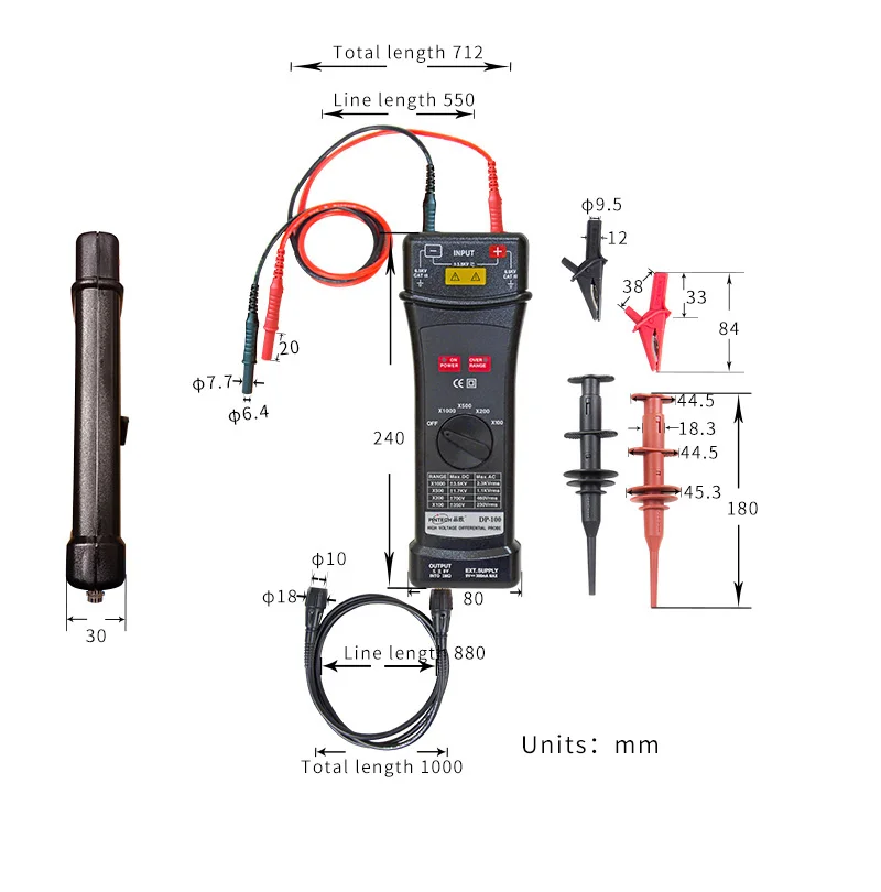 Pintech DP-100 مسبار تفاضلي 100 ميجا هرتز 7000Vp-p نسبة التوهين X100,x200,x500,x1000
