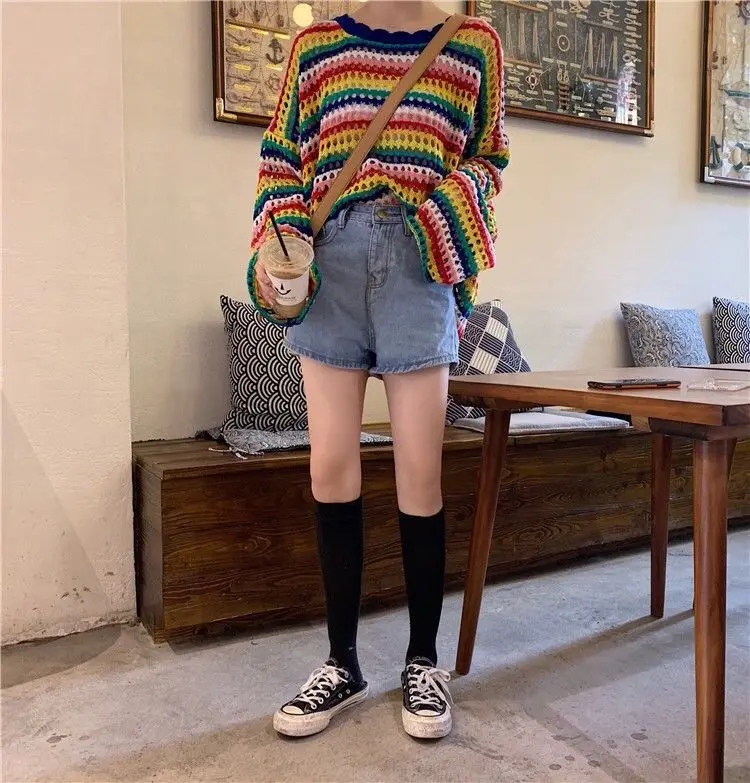 Summer Loose Thin Smock Top Rainbow Striped Sweater 2023 New Long Sleeve Sun Protection Clothes for Women
