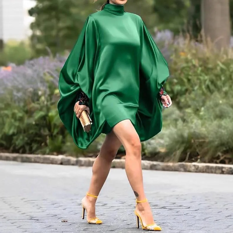 Elegante Frauen Eis Seide Gast Party Kleid Sexy Batwing Langarm Stehkragen Mini Kleid Promi Zeremonie Cocktail Abendkleid