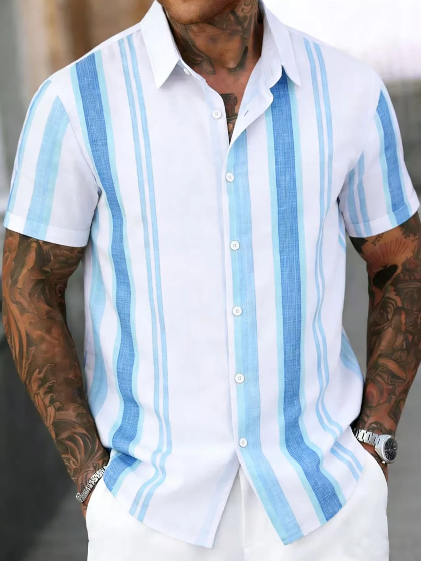 

Мужская рубашка с коротким рукавом на пуговицах, летняя, повседневная, с отложным воротником, в полоску, с графическим принтом