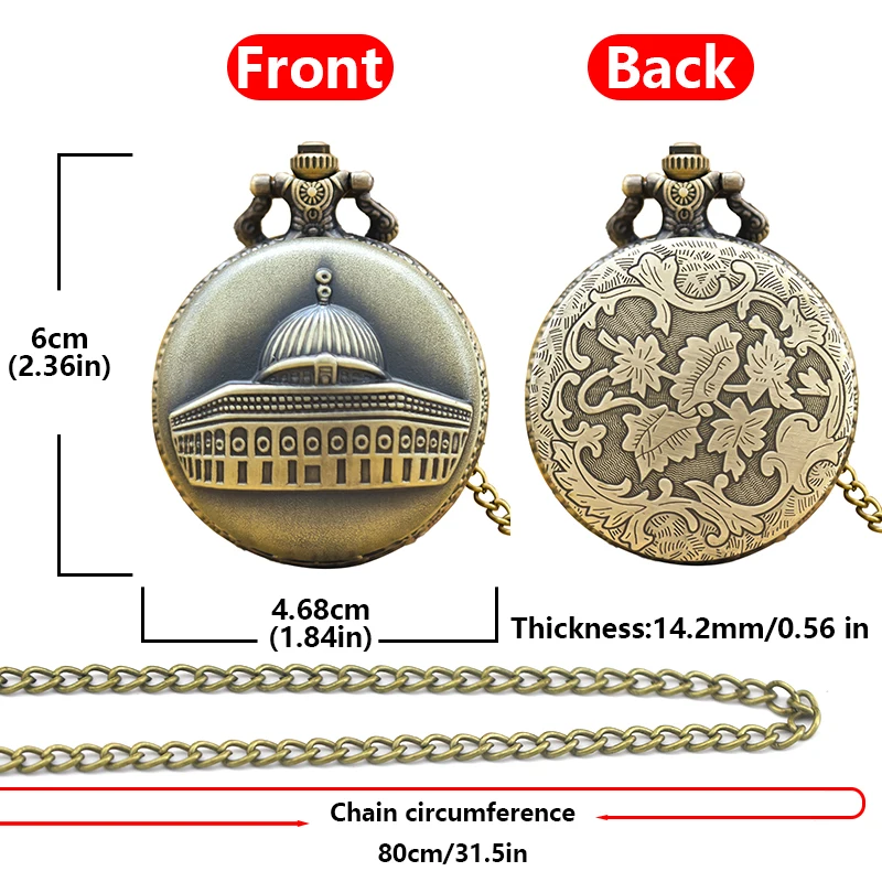 Clamshell perunggu antik sederhana diukir kalung istana Islam kuarsa jam tangan saku hadiah untuk siswa pria dan wanita
