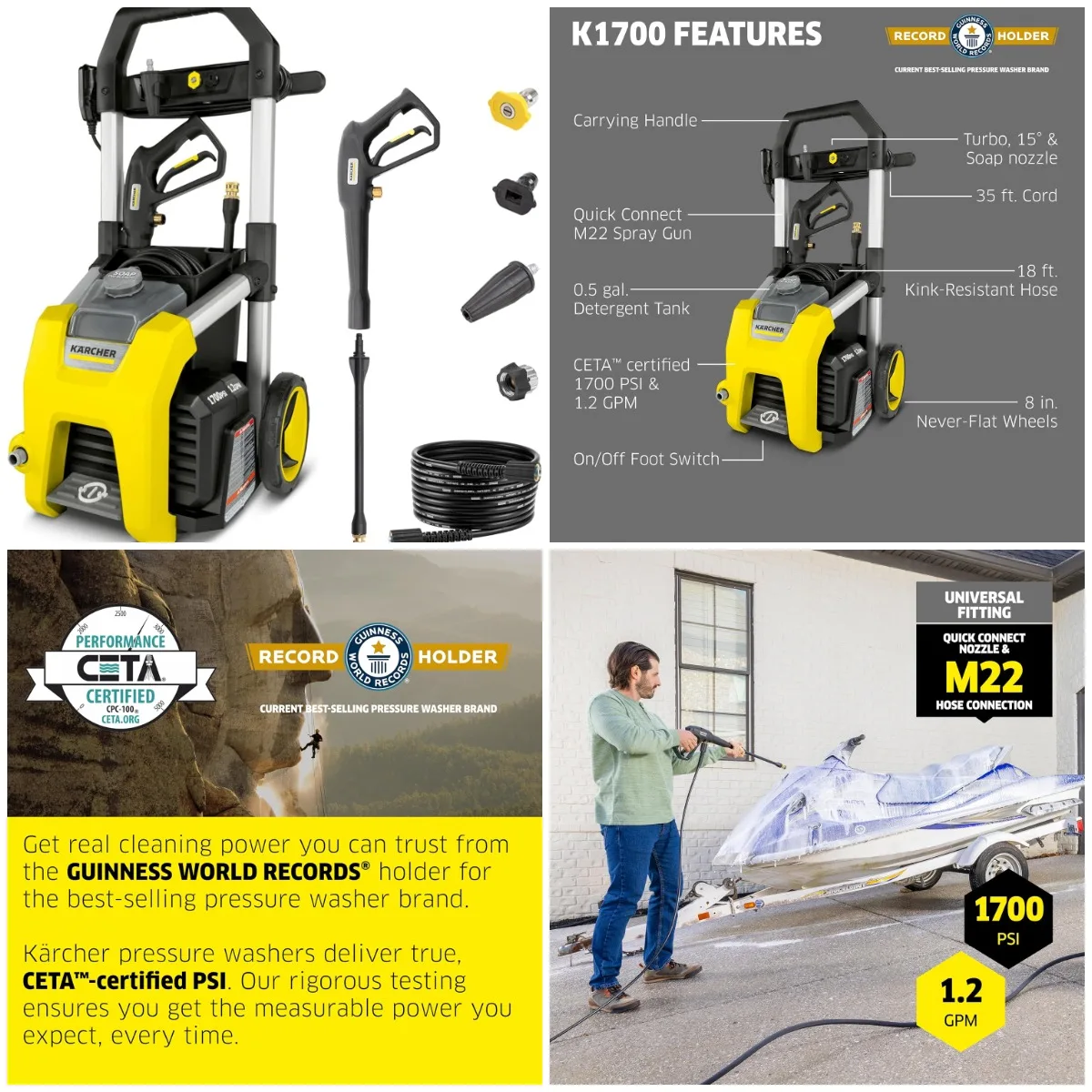 

Pressure Washer K1700, CETA Certified, 3 Nozzles, Detergent Tank, for Cars & Driveways