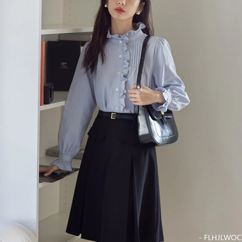 Cotton Chic Korea Cute Blue White Shirt Design Women Japan Girls Sweet Vintage Retro Flare Sleeve Button Ruffles Tops Blouses