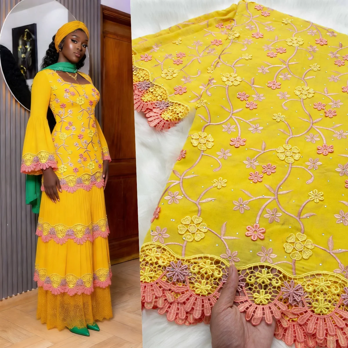 

Nigerian Cotton Lace Fabric 3D Flower High Quality African Swiss Voile Lace Stone Embroidery African Lace Fabric for Sew Clothes
