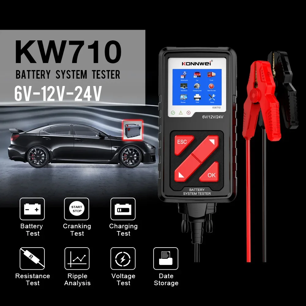 KONNWEI KW710 100-2000CCA Battery Analyzer Tester for Trucks 6V 12V 24V Car Cranking and Charging System Test Diagnostic Tool