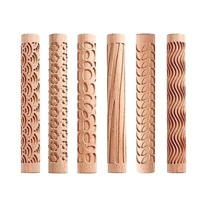 Stock Quantity 6 PCS Clay Rolling Pin Textured Hand Roller Wooden Handle Pottery Tools Set Durable Easy To Use