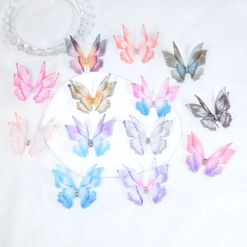 50pcs Gradient Color Organza Fabric Butterfly Appliques 3D 5CM Simulation Mesh Butterfly Patch Double-layer Dreamy