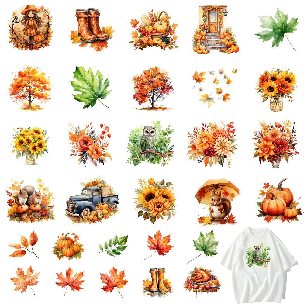 30 types Watercolor Autumn Fallen Leaves Pumpkin DTF Thermo Sticker Decals Heat Transfer Clothes Clothing Crafts Diy Accessory