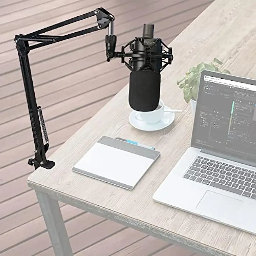 Audio-Technica AT2020 Mic Boom Arm with Foam Windscreen, Suspension Boom Scissor Arm Stand with Pop Filter Cover