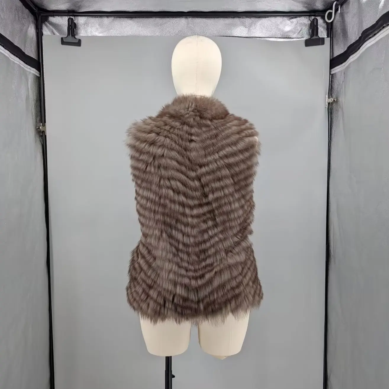 Women Brown Real Stitched Striped Fox Fur Mid Length Vest Oversized Lapel Lightweight Sleeveless Gilet For South Mild 24A1118