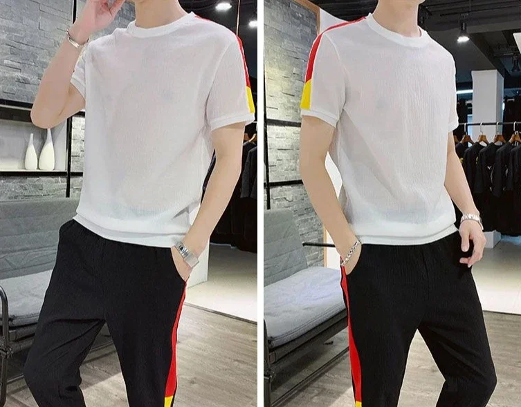 

Sports Suits Man Trousers Sets Korean Two Piece Set Short Quarter Sleeve Tee New in Tops & Tees Basic Elastic T-shirts Pants Men
