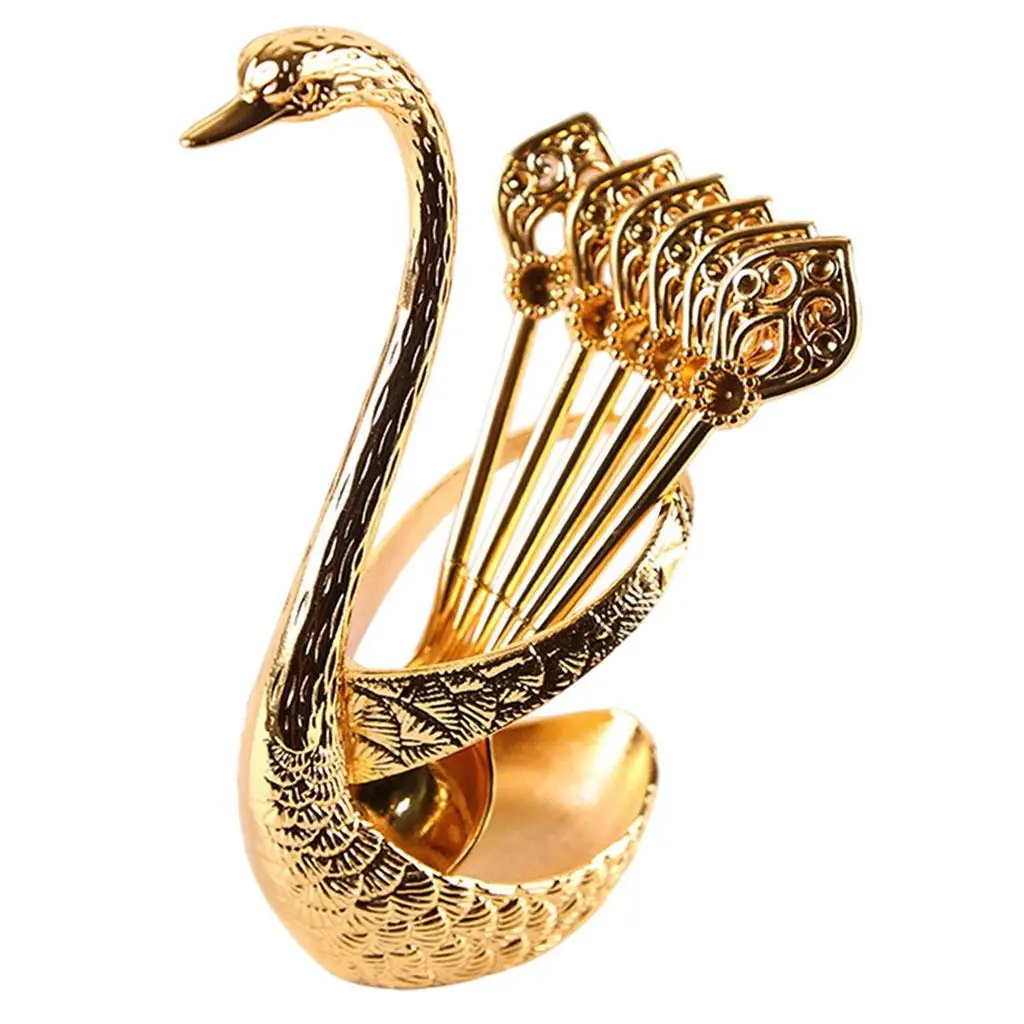 Gold Stainless Steel Icecream Spoon Set Creative Swan Holder Luxury Tableware for Home Dining Decor