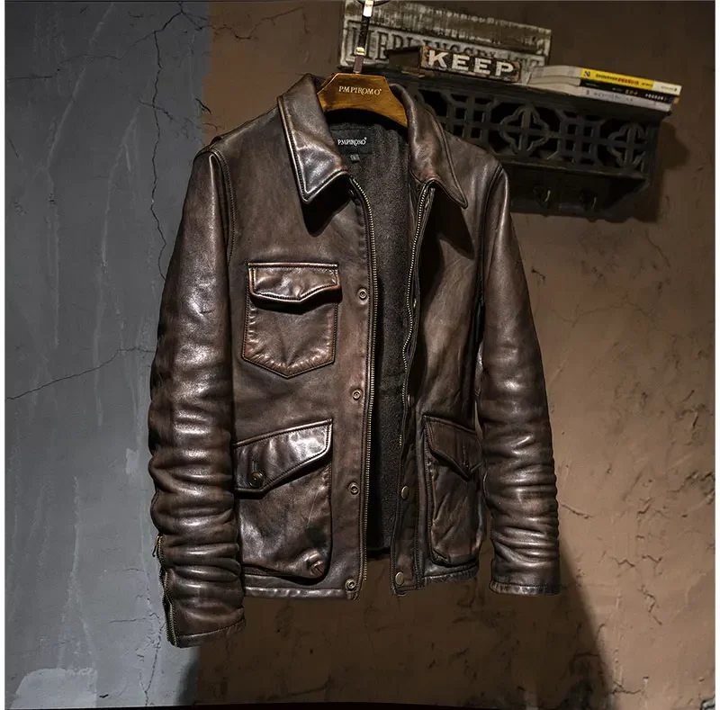 LNY!Wholesales.2024 Brand new Vintage brown horsehide coat.Luxury Men genuine leather jacket.winter quality leather outwear