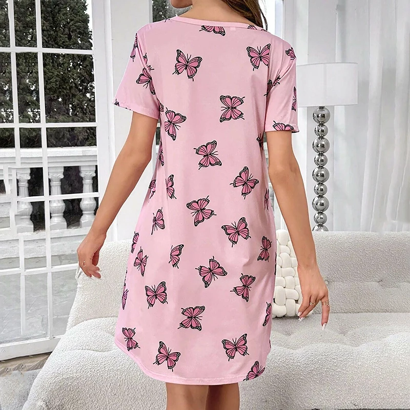 Casual Butterfly Print Nightdress Short Sleeve Round Neck Tee Sleep Dress Women's Sleepwear Home Clothes Nightgown Loungewear