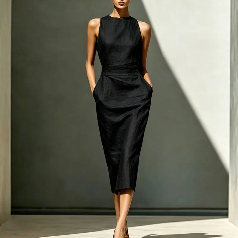 2026 Women Solid O Neck Long Dresses Elegant Sleeveless High Waist Sheath Dress Office Workwear Casual Summer Dress With Pockets - view 2