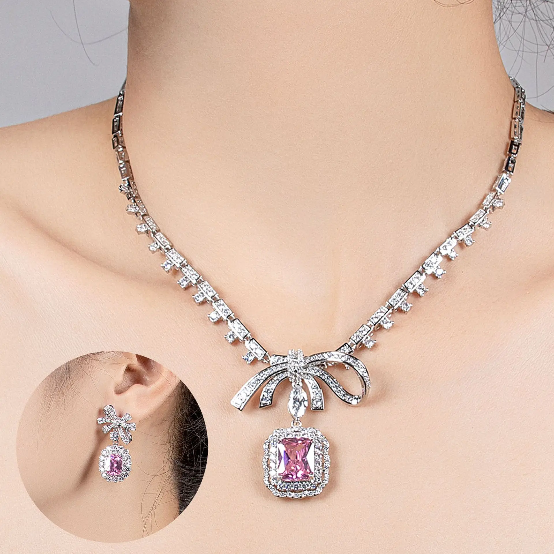 New Luxury Pink Marble Necklace Set Sparkling Bow Earrings Adjustable Ring Cute Accessories for Women Wedding Party Jewelry Gift