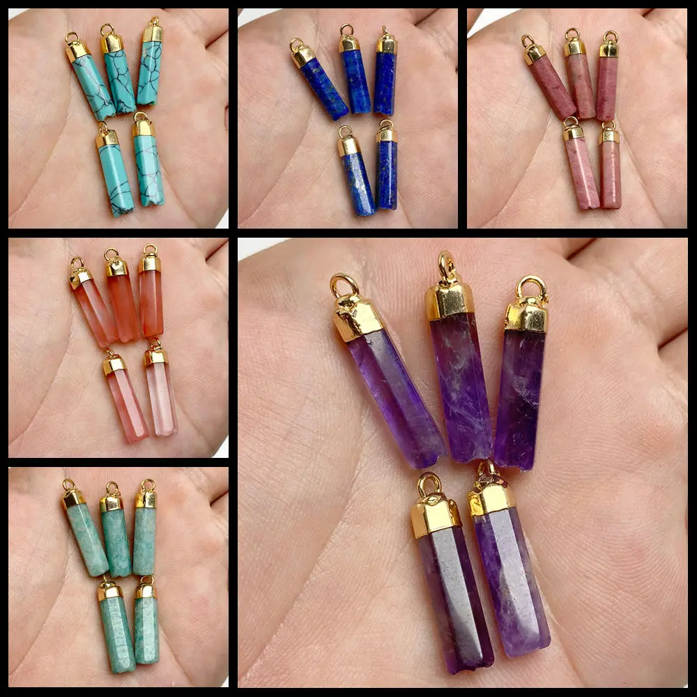 

5PCS Natural Cylinder Stone Pendant Malahite Amethyst Opal Agate Charms For Jewelry Making Necklace DIY Accessories 6x22MM