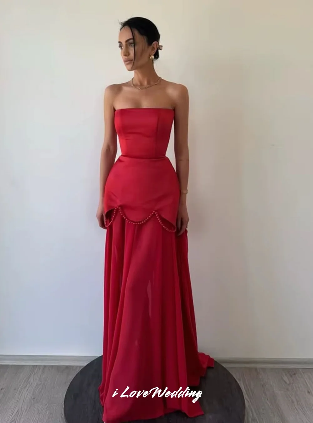 

Red Strapless Evening Dresses 2025 Satin Chiffon Sleeveless Beaded Backless A Line Sweep Train Wedding Party Dresses Customized