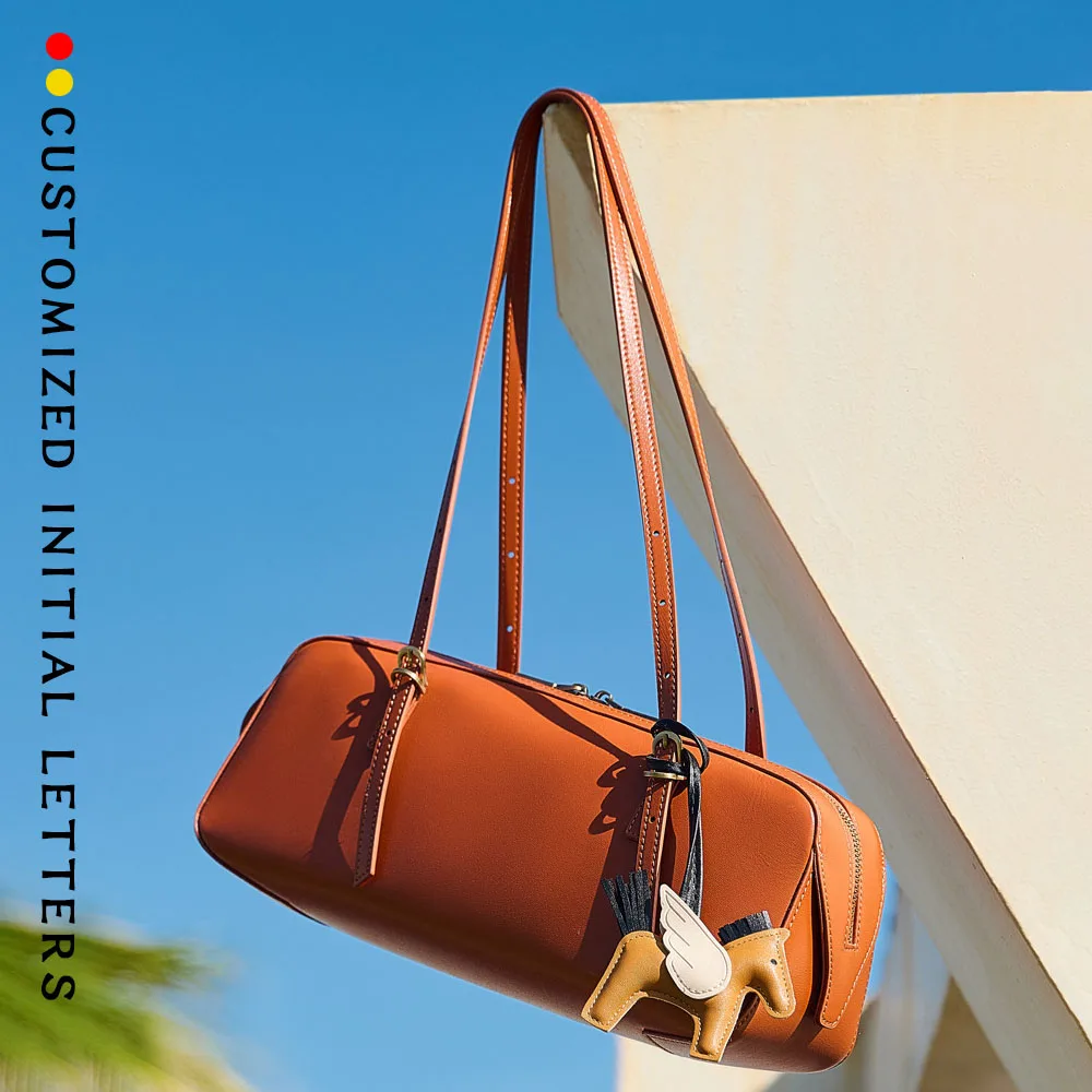 

Women Leather Shoulder Purse Retro Bowling Bag Versatile Small Batch Vegetable Tanned Top Grain Cowhide Hand Carry shoulder bag