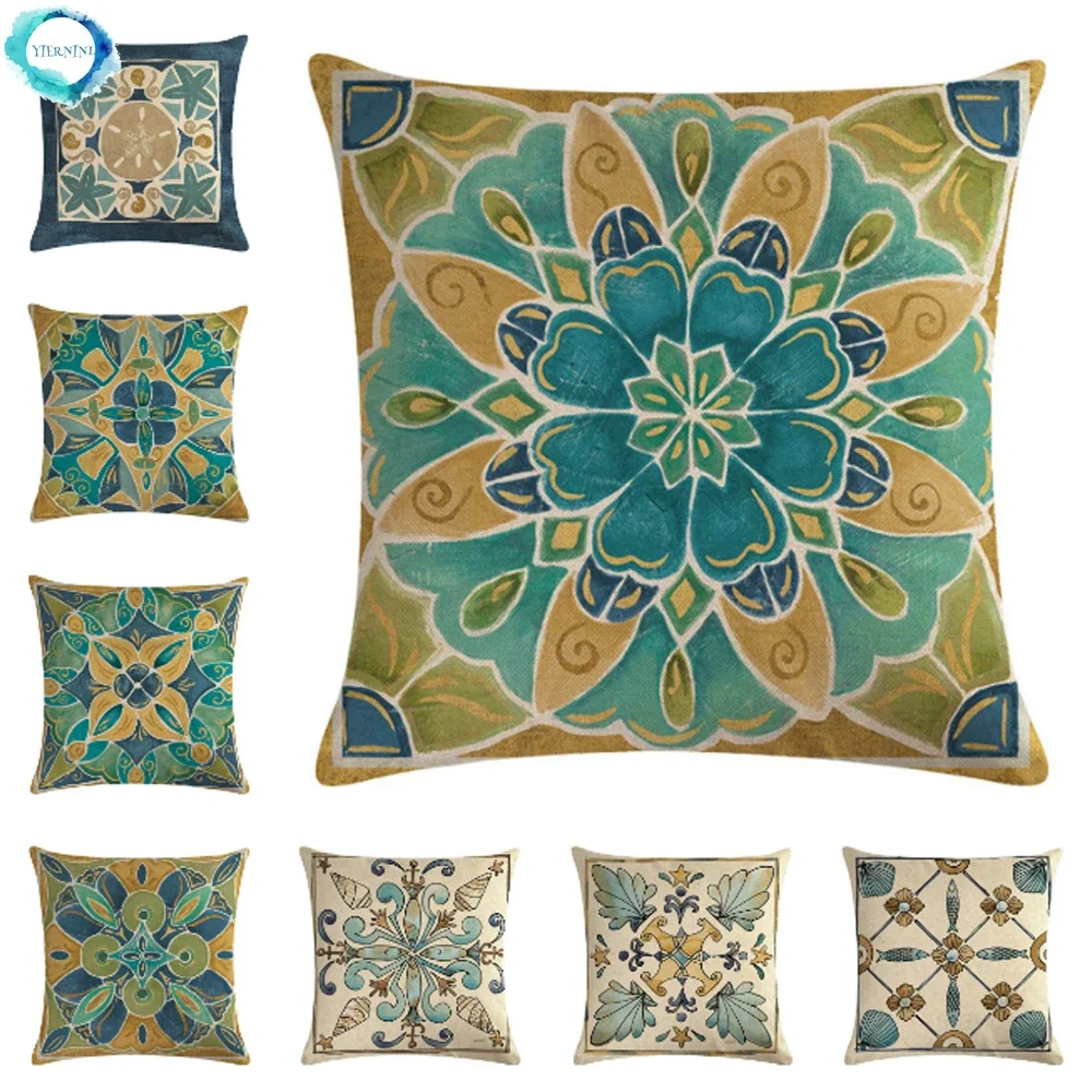 Geometric Cotton Linen Cushion Cover Mandala Symmetrical Geometry Decorative Pillowcase for Sofa Living Room Home Decor 45X45CM