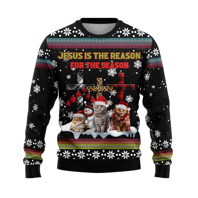 

Cat Ugly Christmas Sweater Pet Mens Sweater Xmas Autumn Holiday Crewneck Sweatshirt Kawaii Cats Graphic Sweatshirts Unisex Tops