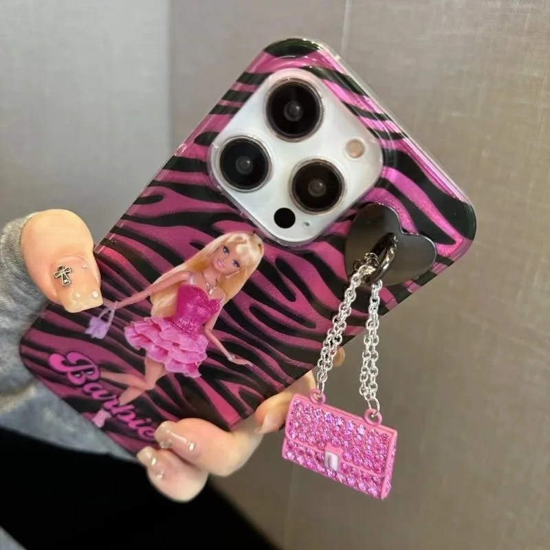 Chic Barbie Metal Pendant Sparkling Lustre Lining Hard Phone Case for iPhone 15 Pro Max 14 Plus 13 Pro 12 Mini 11 X XS XR SE 7 8