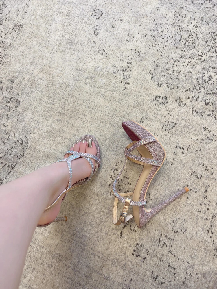 

Summer New Open Toe Rhinestone Sequins Bling One-Strap Women's Sandals Sexy Platform Peep Toe Stiletto Ladies High Heels