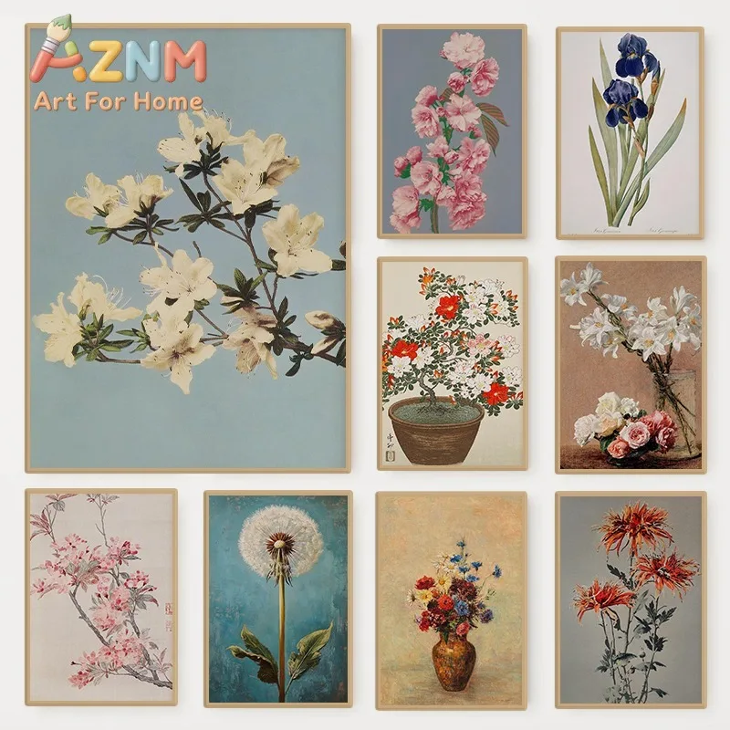 Retro Japanese Floral Illustration Poster Nature Botanical Flower Dahlia Sakura Azalea Canvas Painting Wall Art Room Home Dec