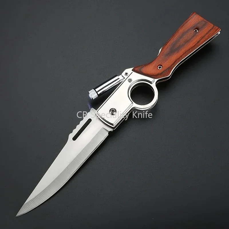 Portable AK47 EDC Folding Knife Outdoor Hunting Wooden Handle Tactical Self Defense Utility Tools with LED Lights Multi Knives